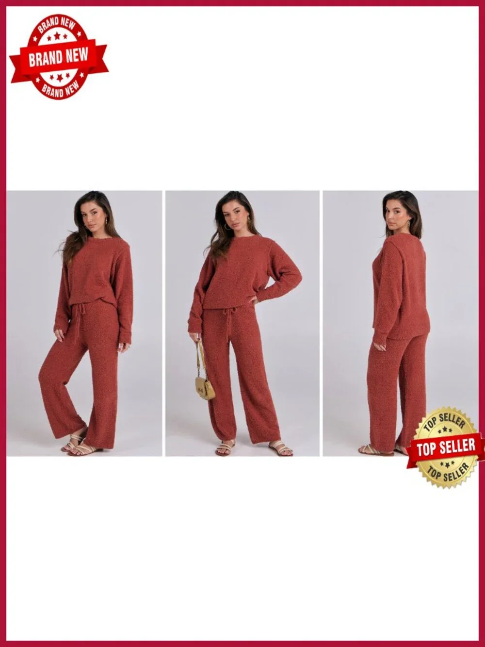 Fuzzy Fleece Lounge Set, 2 Piece Knit Sweater Top & Wide Leg Pajama Pants,